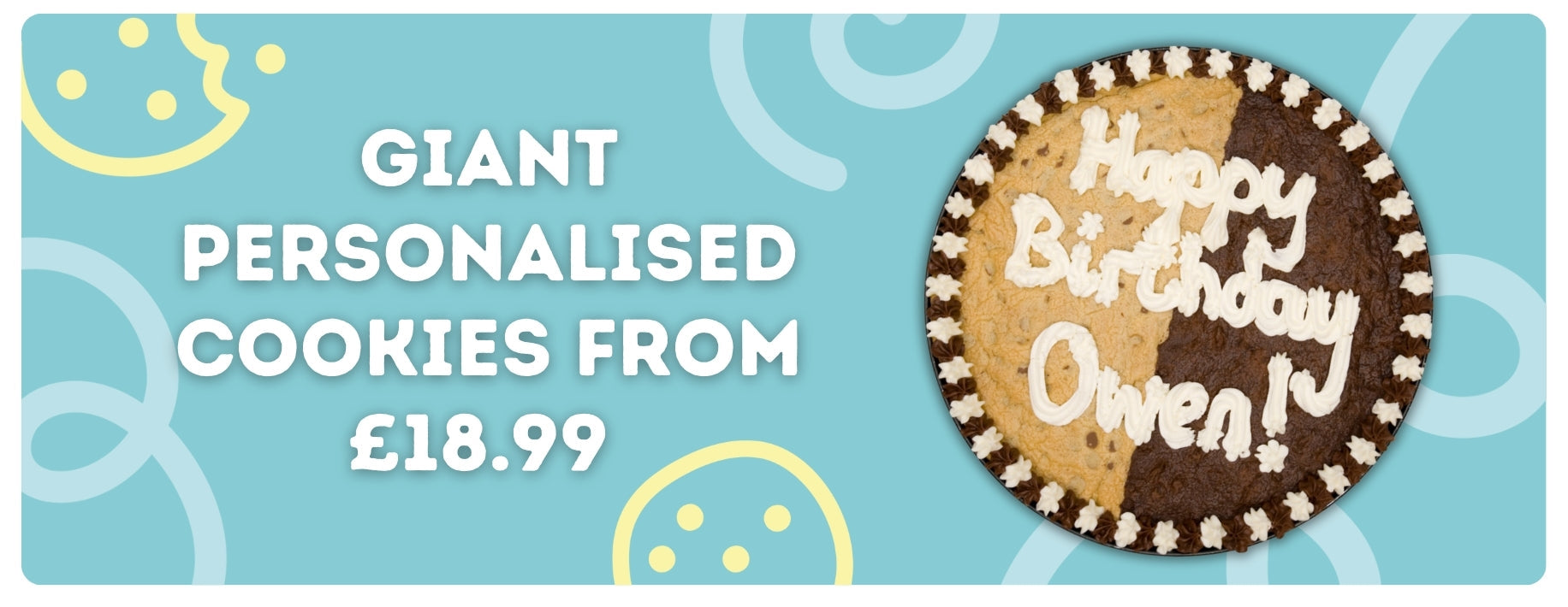 Promotional banner for giant personalised cookies with a cookie graphic and text on a blue background.